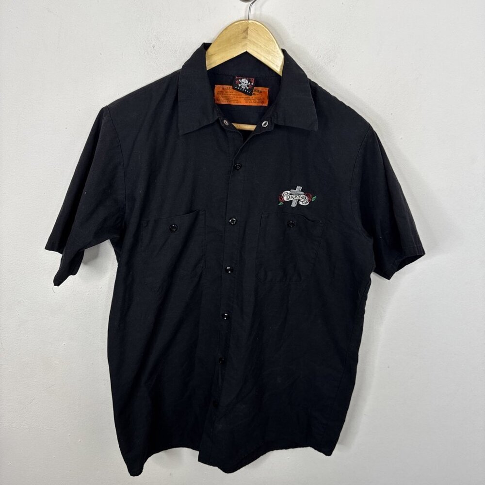 Lucky 13 Men‎ M Short Sleeve Black Button Shirt Faith Doubt Red Kap